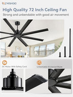 zmishibo 72 inch ceiling fan without light, 8 shown in use