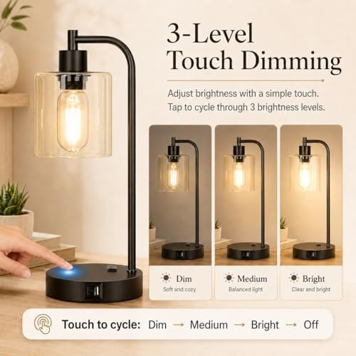 set of 2 industrial touch control table lamps, close-up detail