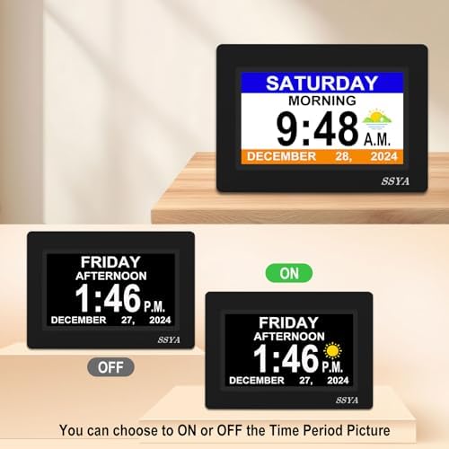 ssya 7 inch calendar clock - 12 alarm, front angle view
