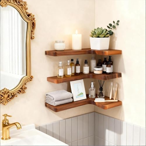 floating corner shelves, wall shelf set of 3, front angle view