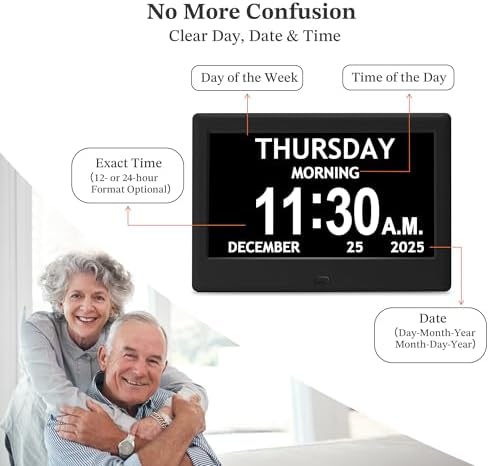 7'' dementia clocks for seniors, large display digital showing dimensions