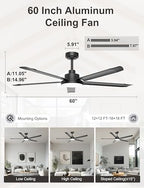 ohniyou 60'' industrial ceiling fan with light for, side view