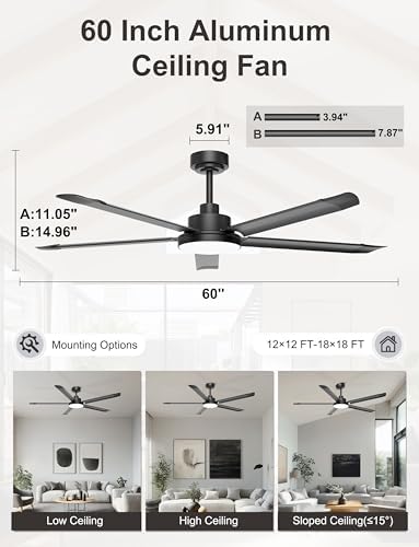ohniyou 60'' industrial ceiling fan with light for, side view