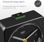 braun classic analogue alarm clock with snooze and, close-up detail