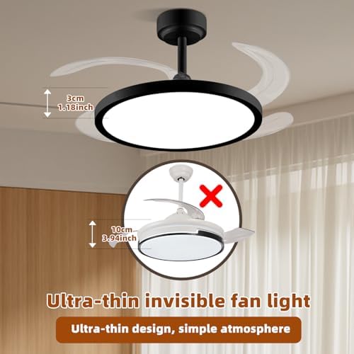 baysquirrel slim retractable ceiling fan with lights and showing dimensions