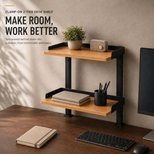 13" Clamp On Desk Shelf, 2-Tier Bamboo Desktop Organizer