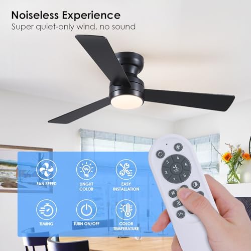 46"black modern low profile ceiling fans with led, side view