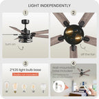 52 inch farmhouse ceiling fan with lights and showing dimensions
