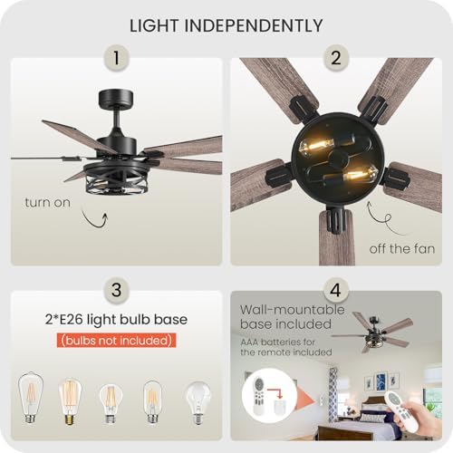 52 inch farmhouse ceiling fan with lights and showing dimensions