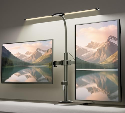 dual monitor stand with led desk lamp,dual monitor, front angle view