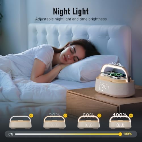 alarm clock bedroom with wireless charger bluetooth speaker on a desk or shelf