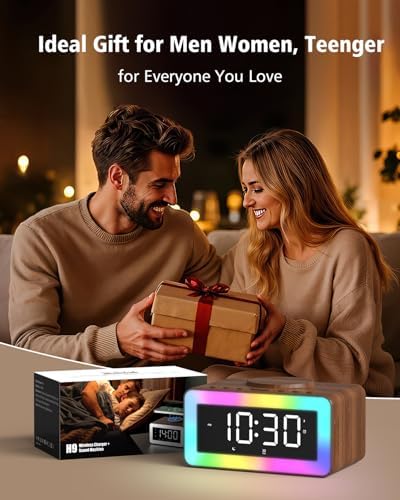 alarm clock for bedroom, wireless charging, bluetooth speaker, front angle view