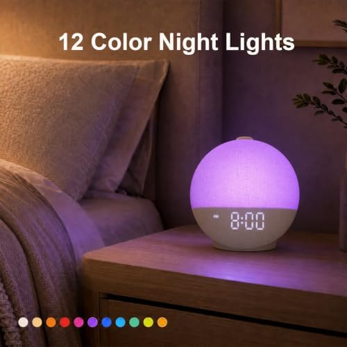 sunrise alarm clock wake up light, white noise on a desk or shelf