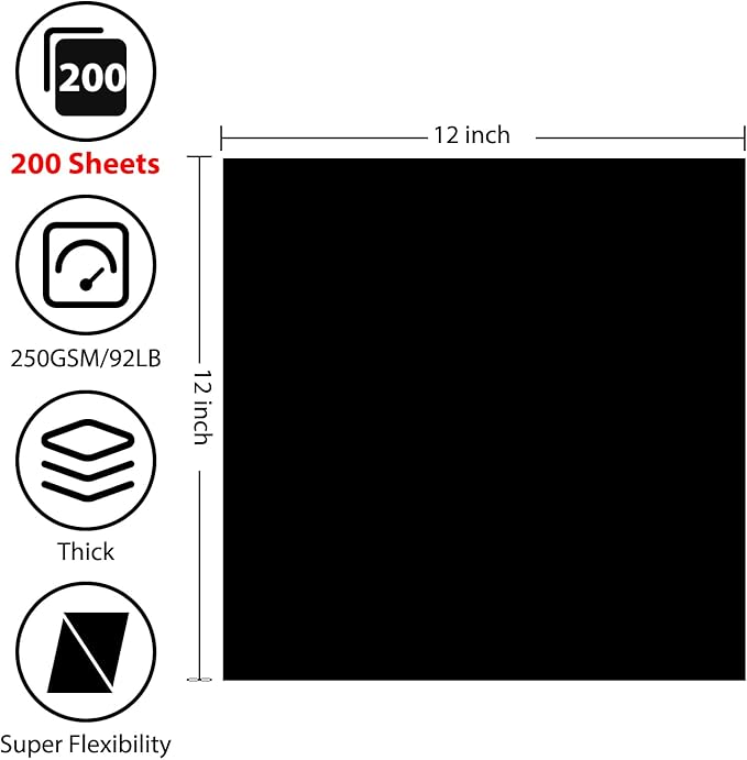 OcePor 200 Sheets Black Cardstock 12” x 12”, 92lb/250gsm Black Card Stock - Image 2