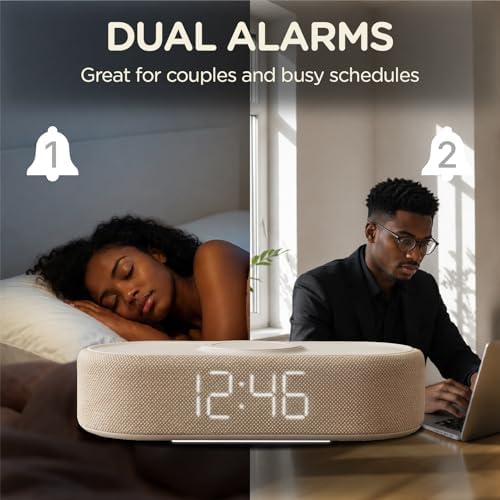 fabric digital alarm clock for bedroom, wireless charging shown in use