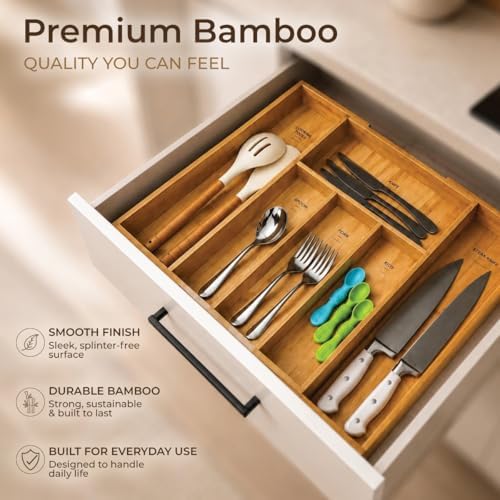 Expandable Bamboo Drawer Organizer for Kitchen Utensils, Adjustable Silverwar...
