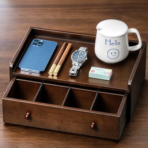 Solid Wood Desk Organizer with Drawer and Adjustable A4 Tray