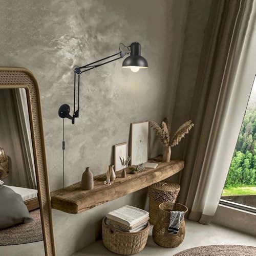 Black Industrial Swing Arm Wall Light Nordic Adjustable Long Arm Wall Sconces...