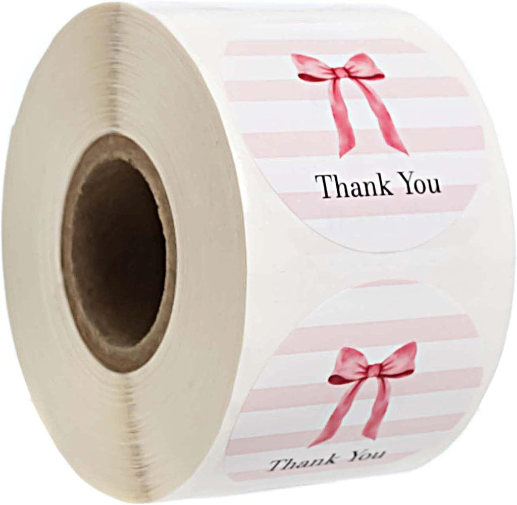 Pink Bow Thank You Stickers / 500 Girl Baby Shower Gratitude Envelope Seals / 1.5" Round Appreciation Labels/Small Feminine Bridal Shower Striped Thanks Sticker Roll/Made in The USA