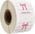 Pink Bow Thank You Stickers / 500 Girl Baby Shower Gratitude Envelope Seals / 1.5" Round Appreciation Labels/Small Feminine Bridal Shower Striped Thanks Sticker Roll/Made in The USA