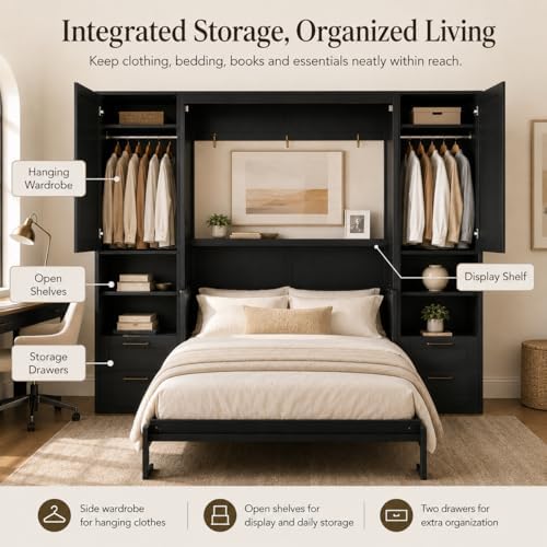Queen Murphy Bed Cabinet with Desk & Storage, Wall Bed Cabinet Bed with C...