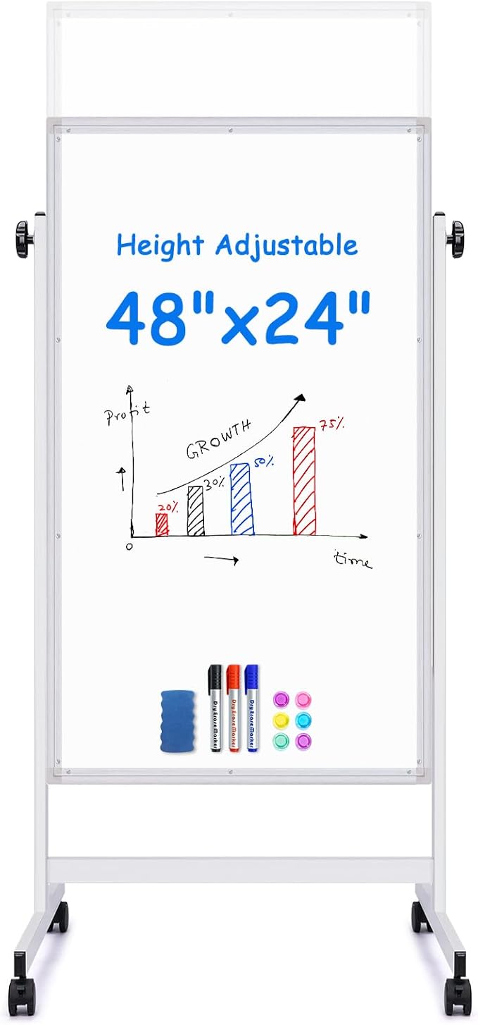 maxtek Rolling White Board, 48 x 24 Height Adjustable Whiteboard on Wheels by Maxtek