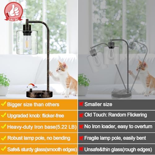 Set of 2 Industrial Table Lamps with USB Port, Rustic Black Fully Stepless Di...