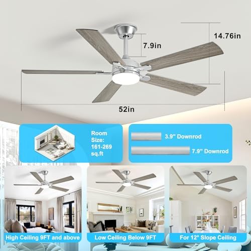 depuley 52-inch ceiling fan with light: nickel ceiling, side view
