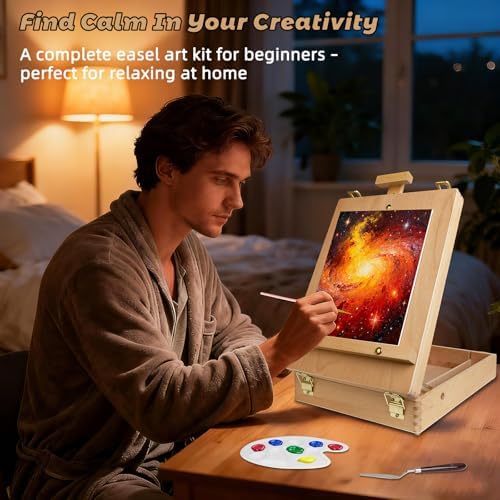 portable tabletop easel set 36-piece acrylic paints brushes on a desk or shelf