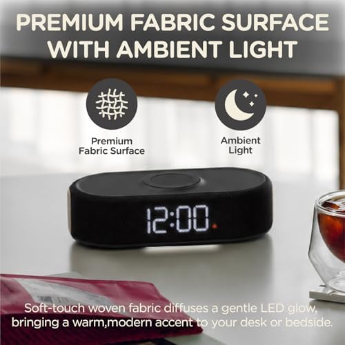 fabric digital alarm clock for bedroom, wireless charging showing dimensions