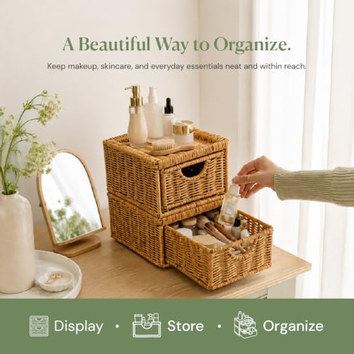 Cantalop 2PCS Stackable Rattan Storage Drawers, Makeup Organizer