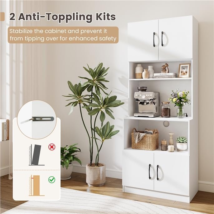 Kitchen Hutch with Countertop, 66" Tall Modern Farmhouse Coffee Bar Pantry Cabinet with Charging Station & Microwave Shelf for Small Spaces, Studio, Apartment (White)