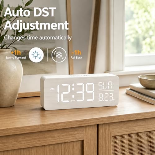 peakeep wooden digital alarm clock large display, textured showing dimensions
