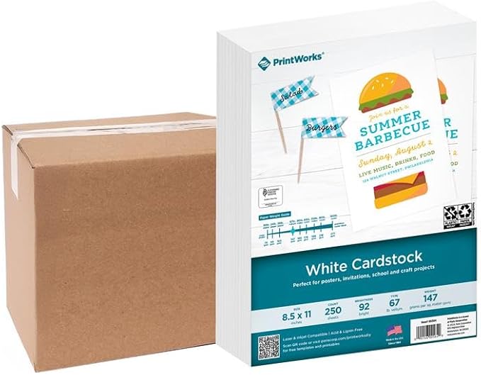 PrintWorks White Cardstock 8.5" x 11" - 67 lb/147 gsm Vellum Bristol - 750 by PrintWorks