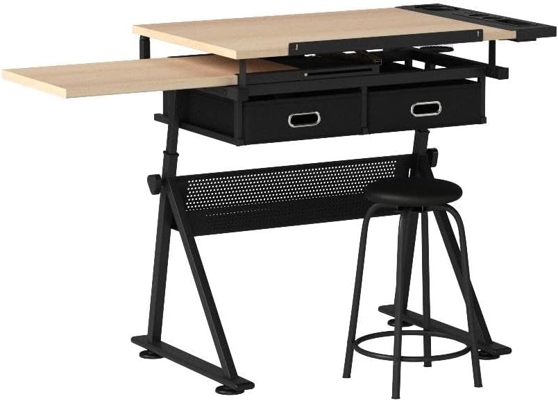 ZENY Drafting Table Art Desk Drawing Table Height Adjustable Artist Table with Tilted Tabletop, Drafting Stool and Storage Drawer for Reading, Writing, Crafting, Painting Art
