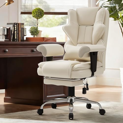 7-Point Massage Heated Executive Office Chair with Footrest, Beige