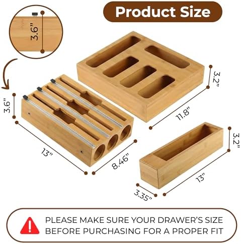 9-in-1 Bamboo Kitchen Drawer Organizer - Storage Bag Holder with Built-In Foi...