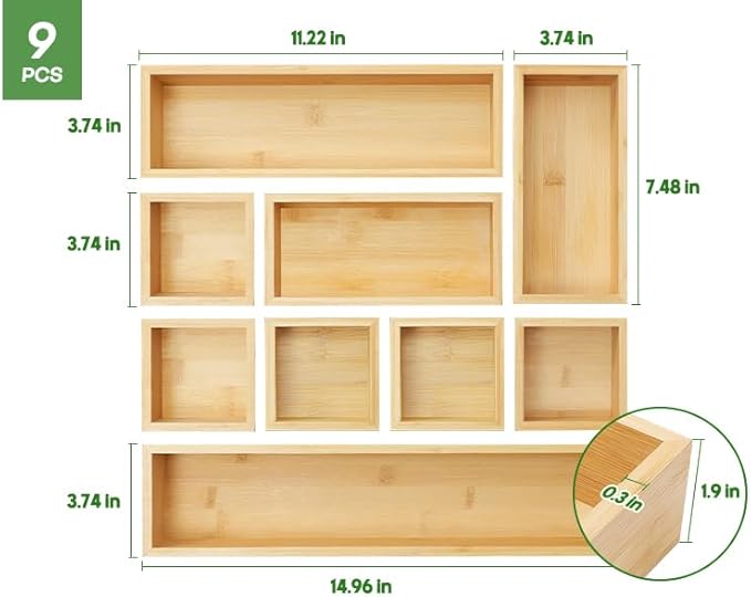 Bamboo Drawer Organizer Set, Junk Drawer Divider and Storage Trays Containers - Image 7