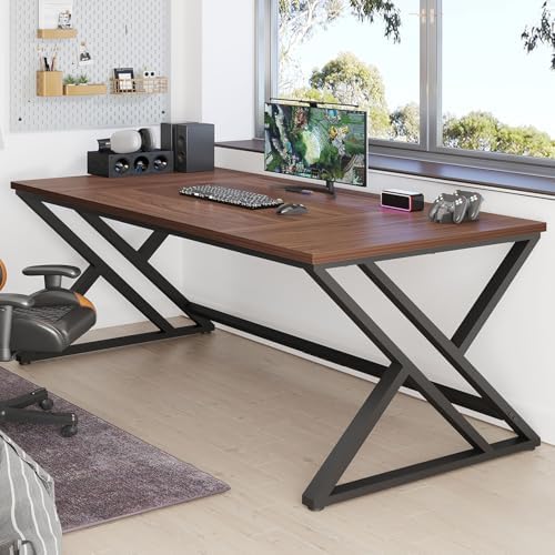 LVB Walnut Large Office Desk, Modern Long Wood Metal Computer Desk 78.7 in | Industrial Rustic Double Workstation Desk for Two People, Vintage PC Executive Work Study Writing Computer Table for Home