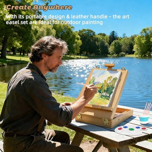 portable tabletop easel set 36-piece acrylic paints brushes showing dimensions