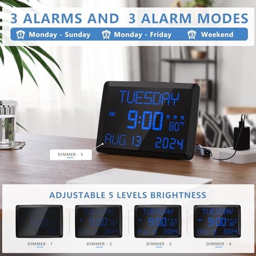 raynic digital clock, 11.5" large display calendar clock, side view