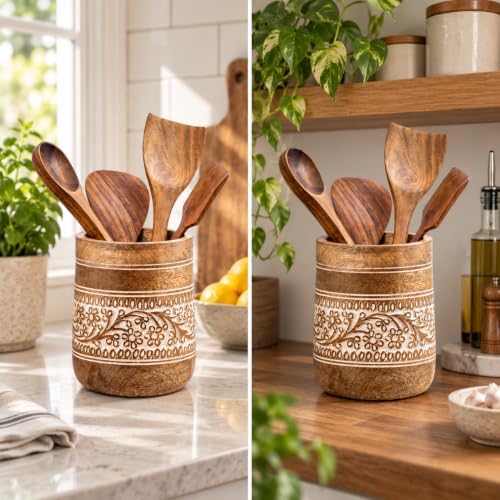 Mie Creations Farmhouse 7'' Large Wooden Utensil Holder, White Floral