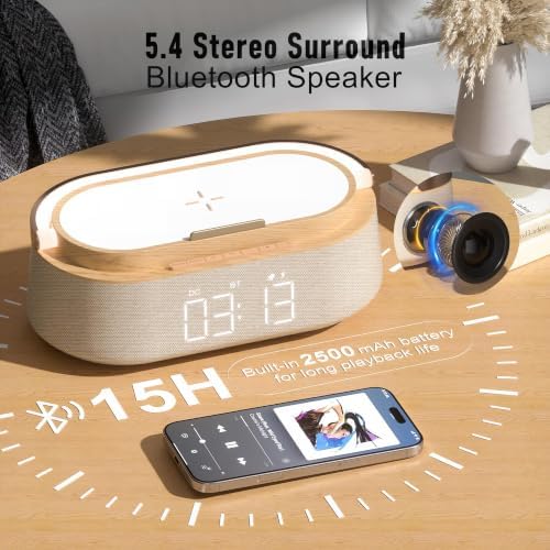 alarm clock bedroom with wireless charger bluetooth speaker, side view