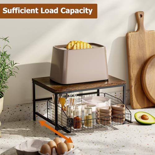 KLM Pull Out Spice Rack Organizer for Cabinet,Rustic Wood Top with Wire Baske...