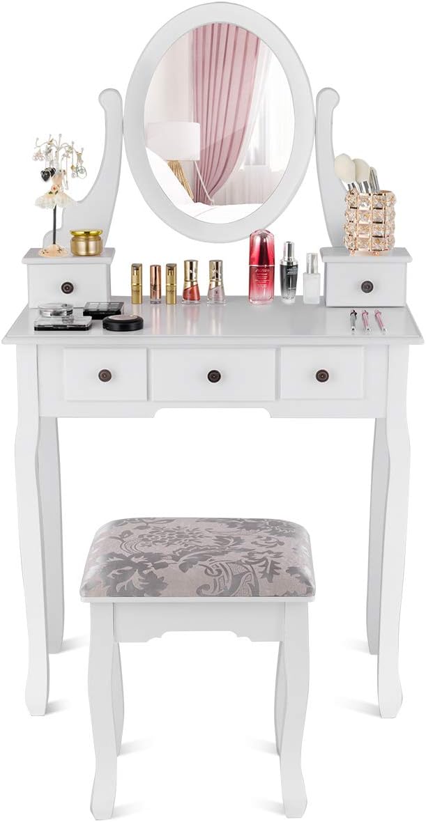 GIANTEX Girl Vanity Set with 5 Drawers, Makeup Dressing Table with Cushioned ...