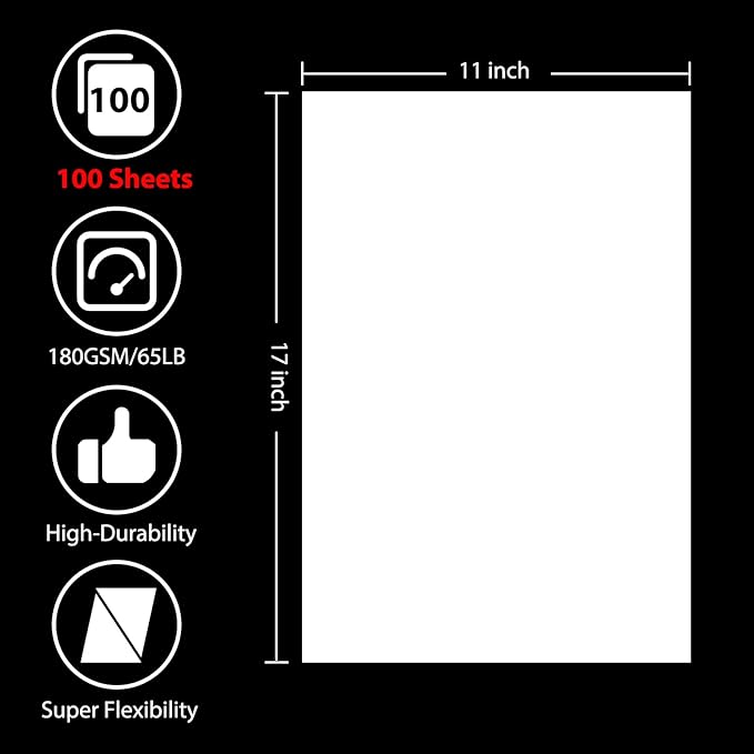OcePor 100 Sheets White Cardstock 11” x 17”, 65lb/180gsm White Card Stock - Image 2