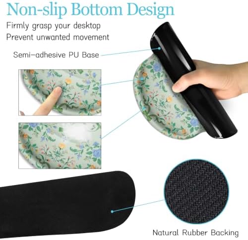 LIMKRIAN Floral Desk Mat Set, Cute Green Mouse Pad with Gel Wrist Rest | Ergonomic Shape Design, XXL Large Desk Pad Stitched Edges, Keyboard Wrist Support, Coaster, Desk Accessories Decor for Women