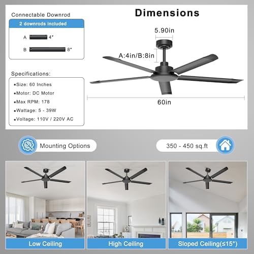ohniyou 60'' industrial ceiling fan no light for, close-up detail