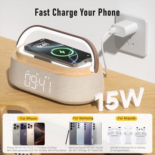 alarm clock bedroom with wireless charger bluetooth speaker, package contents