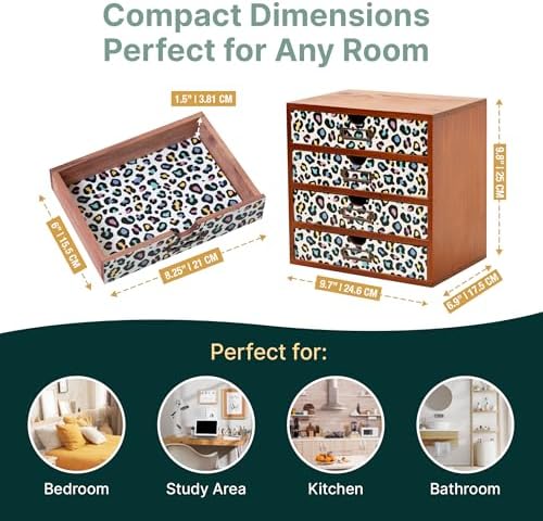 Colorful Leopard Print Wooden Desk Organizer - 4-Drawer Desktop Storage Cabin...